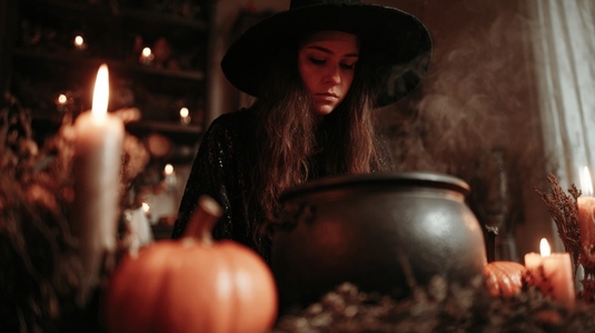 Witch cauldron candle pumpkin Halloween magic potion spooky autumn mysterious