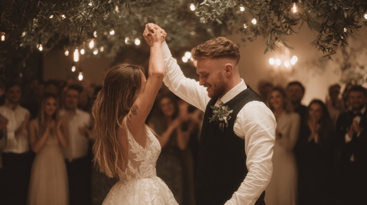 Wedding couple dancing with guests under fairy lights  romantic joyful celebration atmosphere