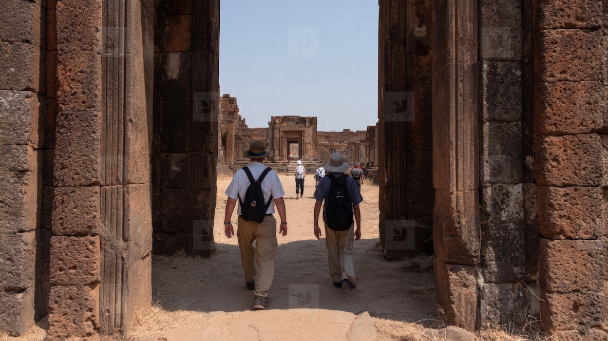 Tourist ancient temple ruin walking stone architecture travel historic outdoors