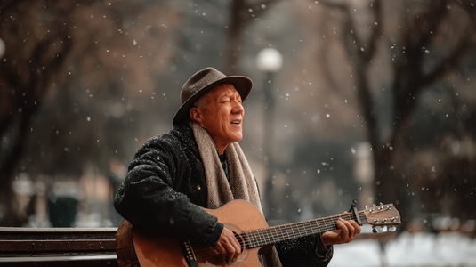 Elderly man playing acoustic guitar winter park snow falling joyful music outdoor performance