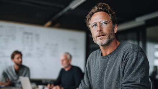 Confident entrepreneur  casual office  brainstorming  creative  thoughtful Confident