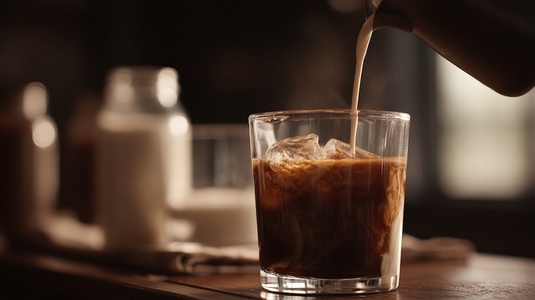Iced coffee milk glass wooden table slow motion refreshing cozy morning light