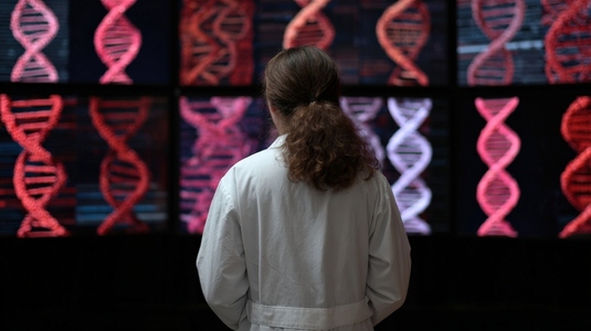 Scientist DNA analysis laboratory research examining genetic data on large digital screens Scientist DNA analysis laboratory research examining genetic data on large digital screens
