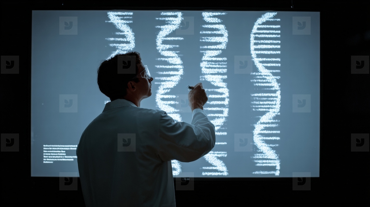 Scientist  laboratory  DNA  analysis  research  examining genetic sequence on digital screen
