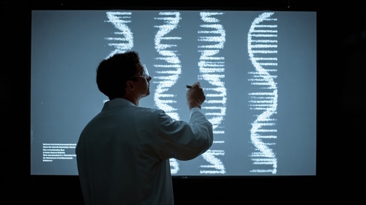 Scientist laboratory DNA analysis research examining genetic sequence on digital screen Scientist laboratory DNA analysis research examining genetic sequence on digital screen