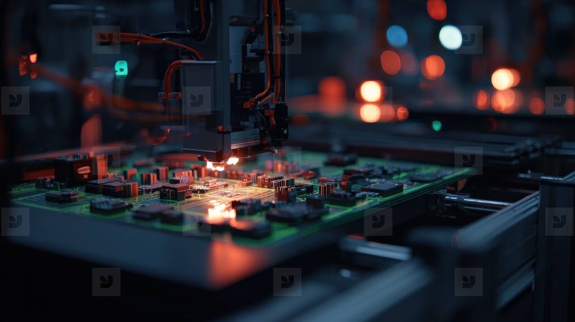 Robot arm assembling electronic circuit board factory automation technology Automated robot arm