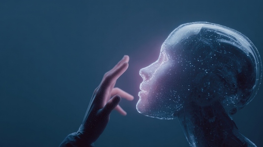 Futuristic AI agent  digital face  human hand  glowing  technology  connection  blue background