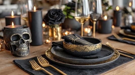 Minimalist black and gold Halloween dinner set with candles  skull  and elegant tableware