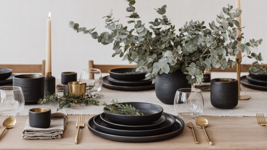 Minimalist black and gold dinner set with eucalyptus centerpiece on wooden table  elegant mood