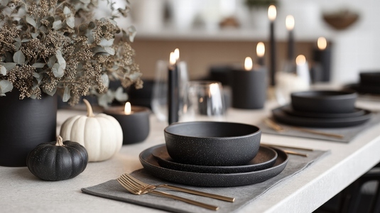 Minimalist black and gold Halloween dinner set with candles  pumpkins  and elegant tableware
