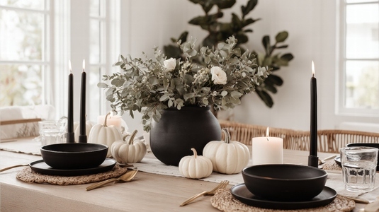 Minimalist black and gold Halloween dinner set with white pumpkin  candle  and floral centerpiece