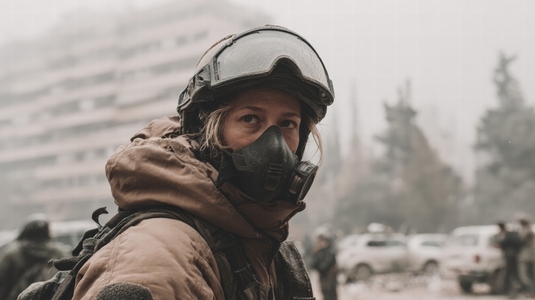 Woman journalist war zone protective gear mask helmet Reporting from war zone woman journalist