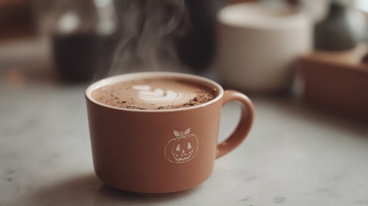 Pumpkin mug latte art coffee autumn Halloween cozy warm steam morning