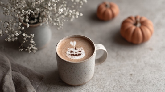 Latte art pumpkin Halloween coffee autumn cozy cute cat foam mug