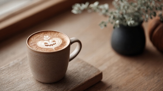 Latte art  pumpkin face  coffee cup  wooden table  cozy autumn morning  warm atmosphere