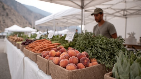 Fresh peach  carrot  green vegetable  outdoor market  mountain  vendor  natural light