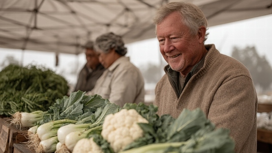 Smiling elderly man selling fresh cauliflower and bok choy at outdoor farmers market stall Smiling elderly man selling fresh cauliflower and bok choy at outdoor farmers market stall