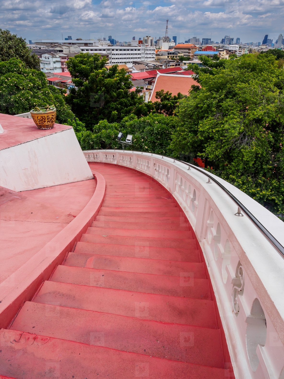 The red staircase leading up and down Golden mountain  Phu Khao