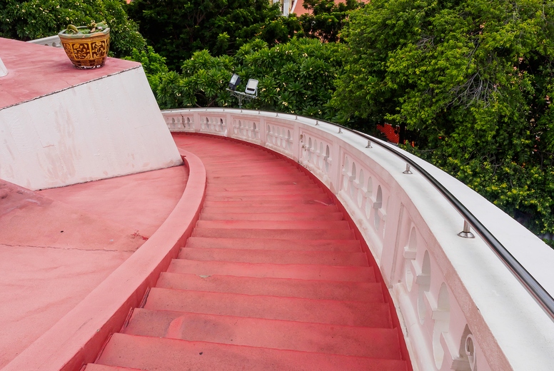 The red staircase leading up and down Golden mountain  Phu Khao