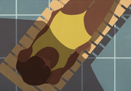 View from above shade partially covering young woman sunbathing in yellow bathing suit