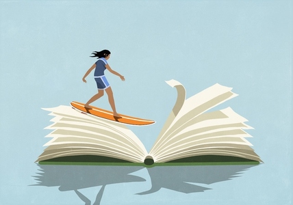 Woman on surfboard surfing over pages of open book against blue background