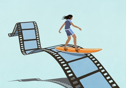 Woman on surfboard surfing on top of film negative