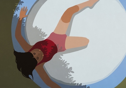 View from above woman with amputated leg relaxing in kiddie pool View from above woman with amputated leg relaxing in kiddie pool