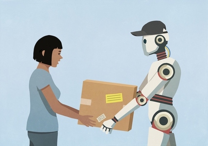 Humanoid robot in baseball cap delivering package to woman against blue background