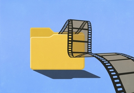 Film negative falling out of digital folder on blue background