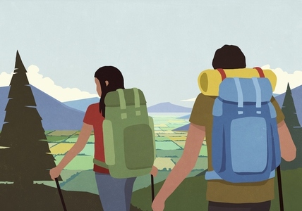 Young couple backpacking in mountains overlooking rural valley Young couple backpacking in mountains overlooking rural valley