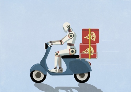 Humanoid robot driving scooter delivering pizza against blue background Humanoid robot driving scooter delivering pizza against blue background