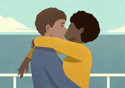 Affectionate multiracial couple kissing passionately on cruise ship deck with ocean view Affectionate multiracial couple kissing passionately on cruise ship deck with ocean view