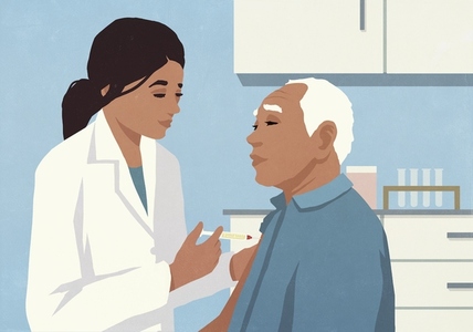 Female doctor giving senior male patient a booster dose of the COVID vaccine Female doctor giving senior male patient a booster dose of the COVID vaccine