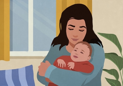 Mother cuddling holding baby son in arms