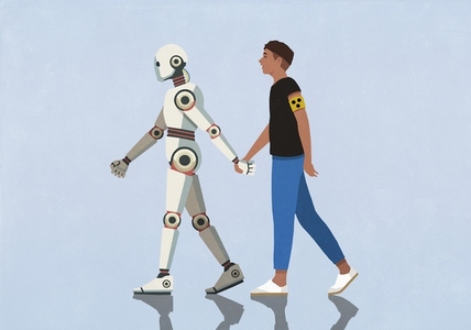 Humanoid robot holding hands and guiding blind man walking against blue background
