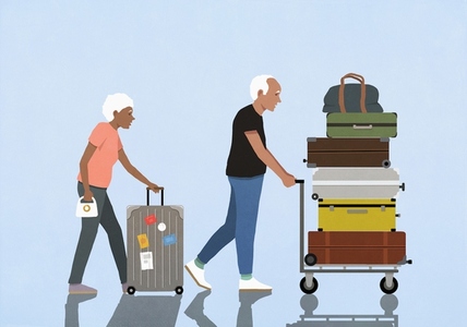 Active senior couple on the move traveling Active senior couple on the move traveling