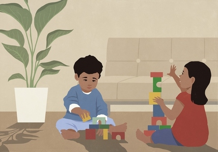 Toddler boy and girl playing with toys