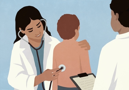 Female pediatrician with stethoscope examining back of boy patient in clinic Female pediatrician with stethoscope examining back of boy patient in clinic