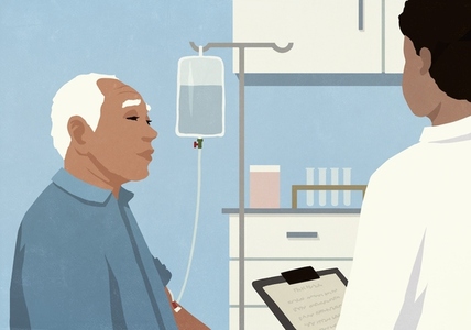 Senior male patient receiving IV drip and talking to doctor in hospital exam room