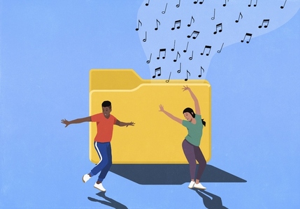 Carefree young man and woman dancing in front of yellow digital