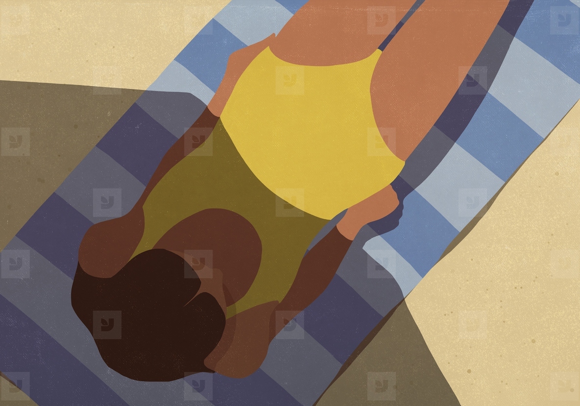 View from above shadow covering part of a young woman sunbathing