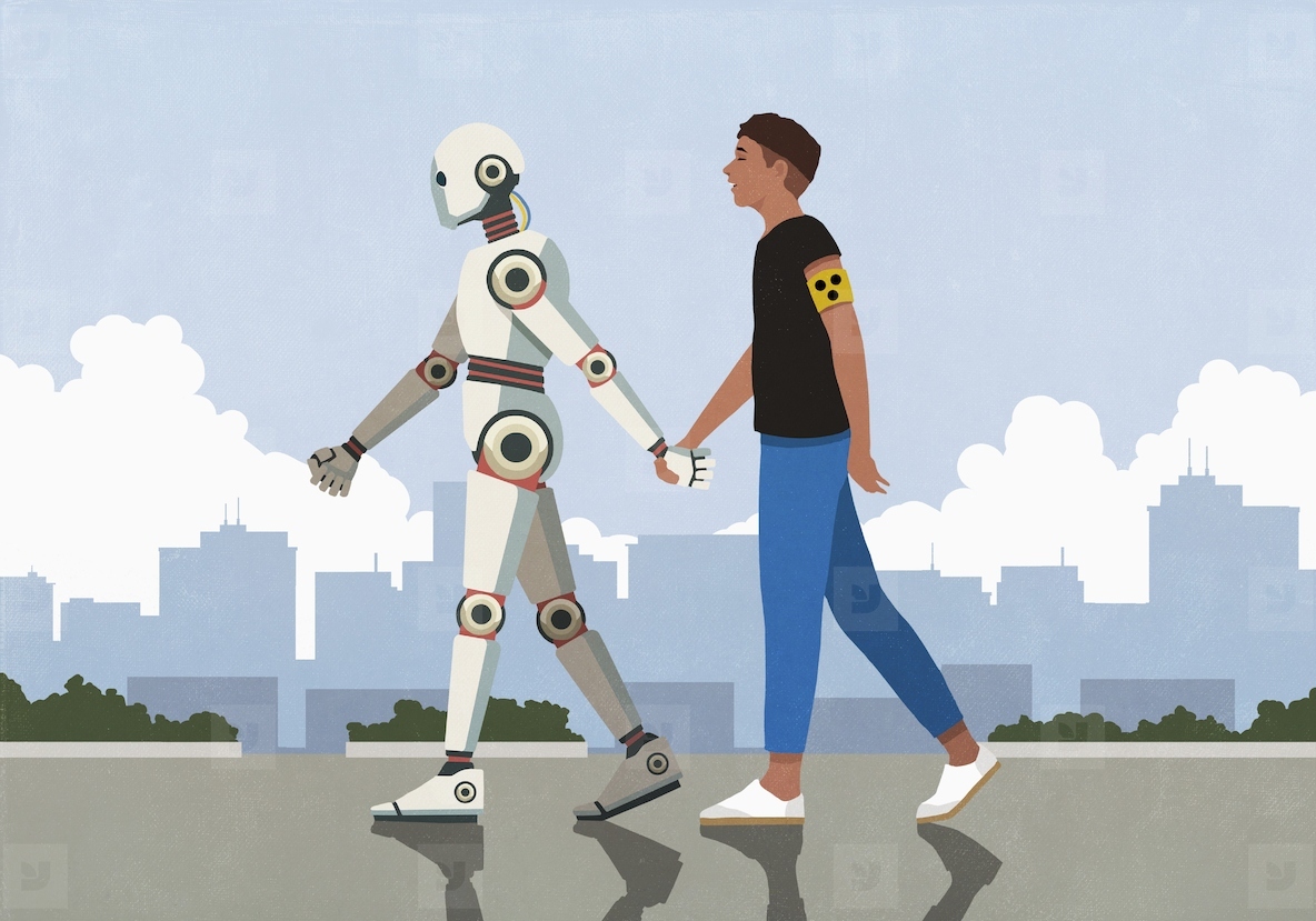 Humanoid robot holding hands with and guiding blind man walking in city