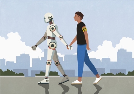Humanoid robot holding hands with and guiding blind man walking in city Humanoid robot holding hands with and guiding blind man walking in city