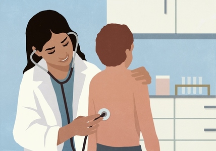 Female pediatrician with stethoscope examining the back of boy Female pediatrician with stethoscope examining the back of boy