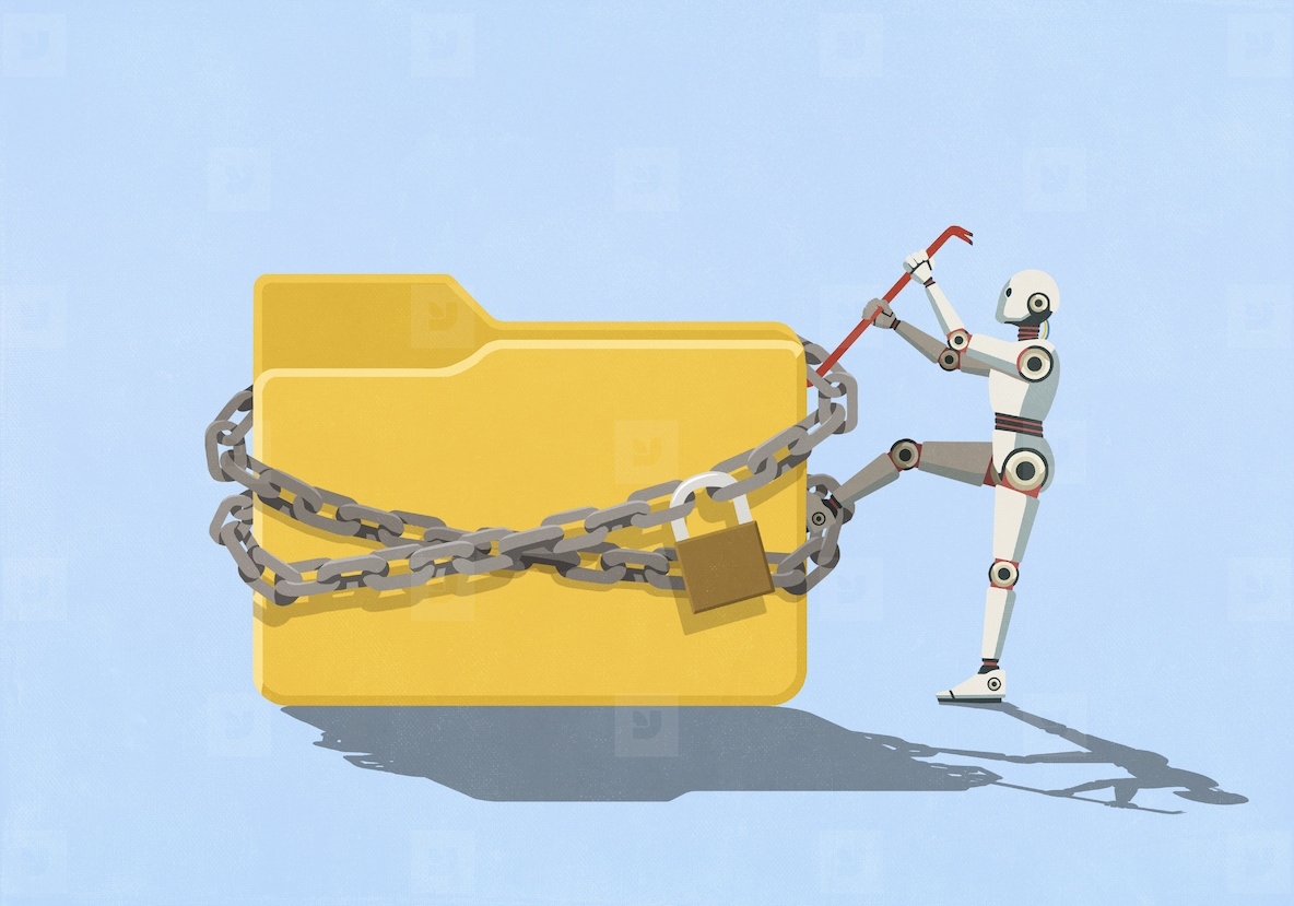 Humanoid robot with crowbar trying to open padlocked digital folder