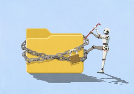 Humanoid robot with crowbar trying to open padlocked digital folder