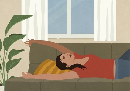 Carefree woman stretching with arms overhead