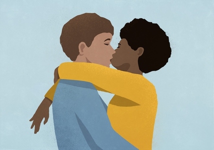 Affectionate multiracial couple hugging and kissing