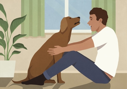 Happy man sitting face to face with pet dog on floor at home