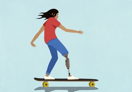Girl with prosthetic leg skateboarding against blue background
